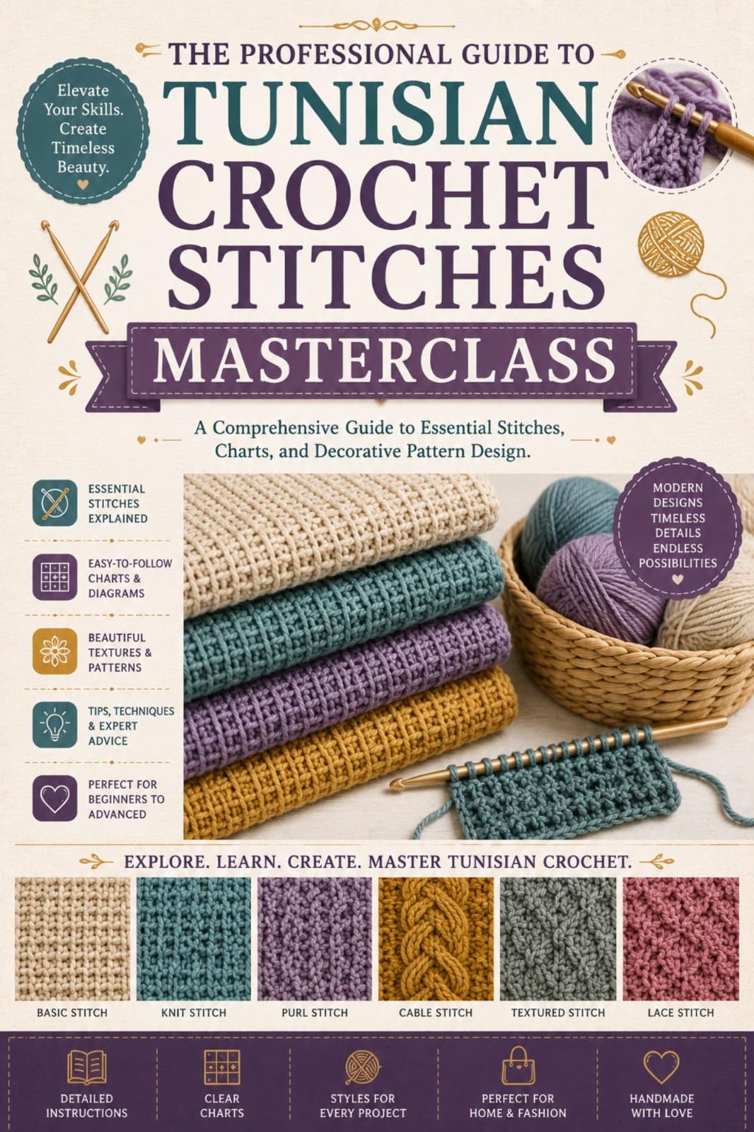 The Professional Guide to Tunisian Crochet Stitches Masterclass. : a Comprehensive Guide to Essential Stitches, Charts, and Decorative Pattern Design