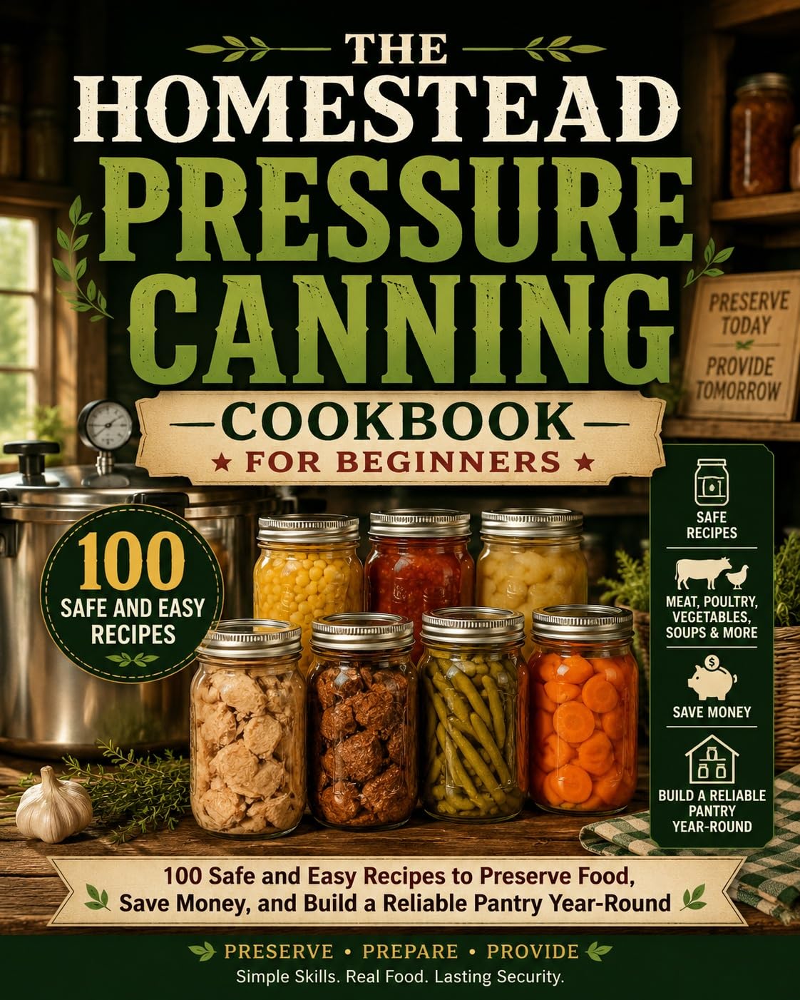 The Homestead Pressure Canning Cookbook for Beginners: 100 Safe & Easy Usda-based Recipes to Preserve Meat, Vegetables, Soups, Beans & More While Building a Reliable Pantry Year-round