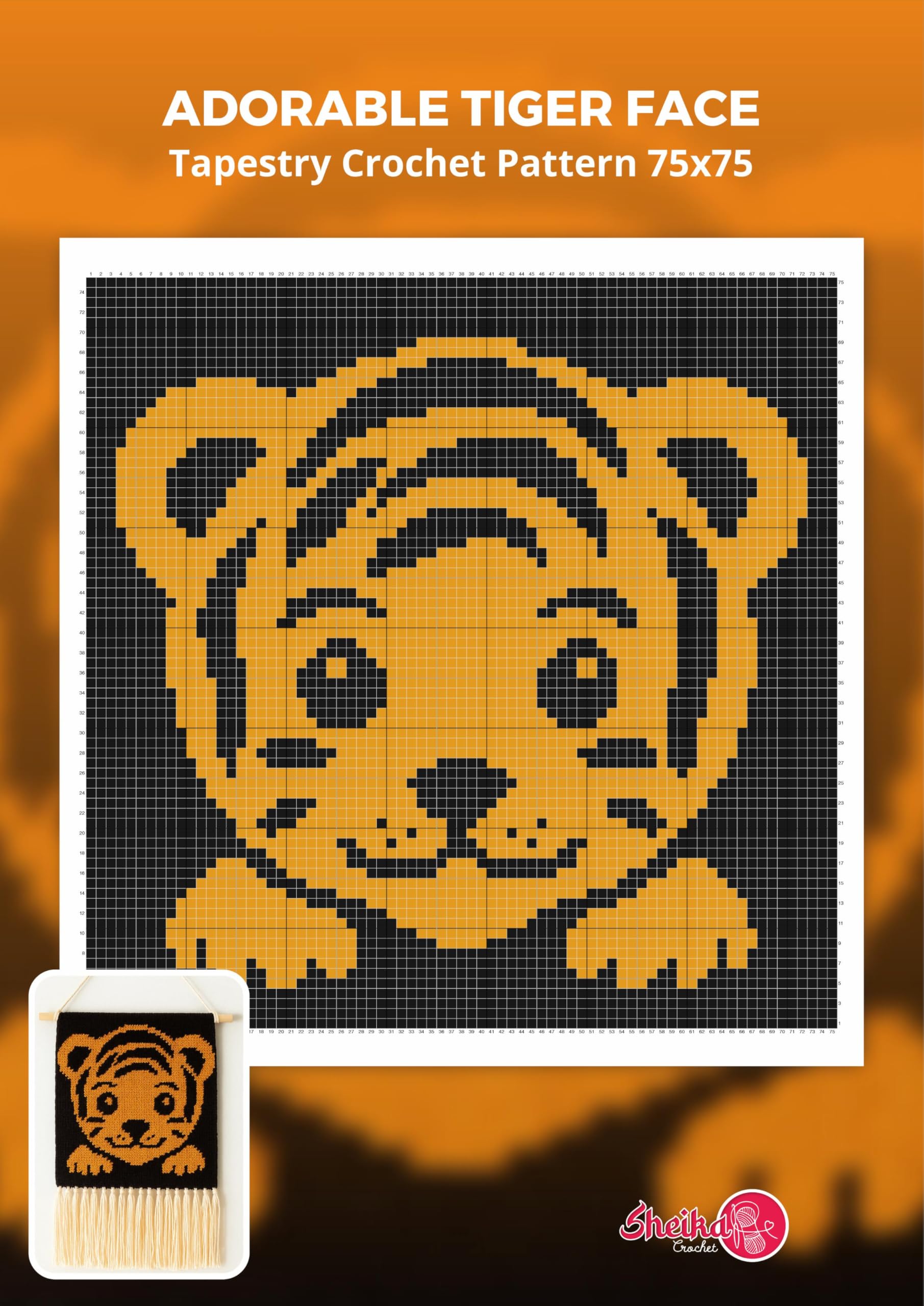 Adorable Tiger Face Tapestry Crochet Pattern 75x75 Stitches: Charming Tiger Face Design for Intermediate Crocheters | Digital Tapestry Crochet Graph Pattern With Written Instructions in Us Terms