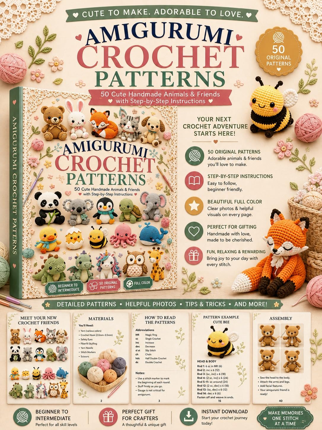 Amigurumi Crochet Patterns: 50 Cute Handmade Animals With Step-by-step Instructions for Beginners to Intermediate