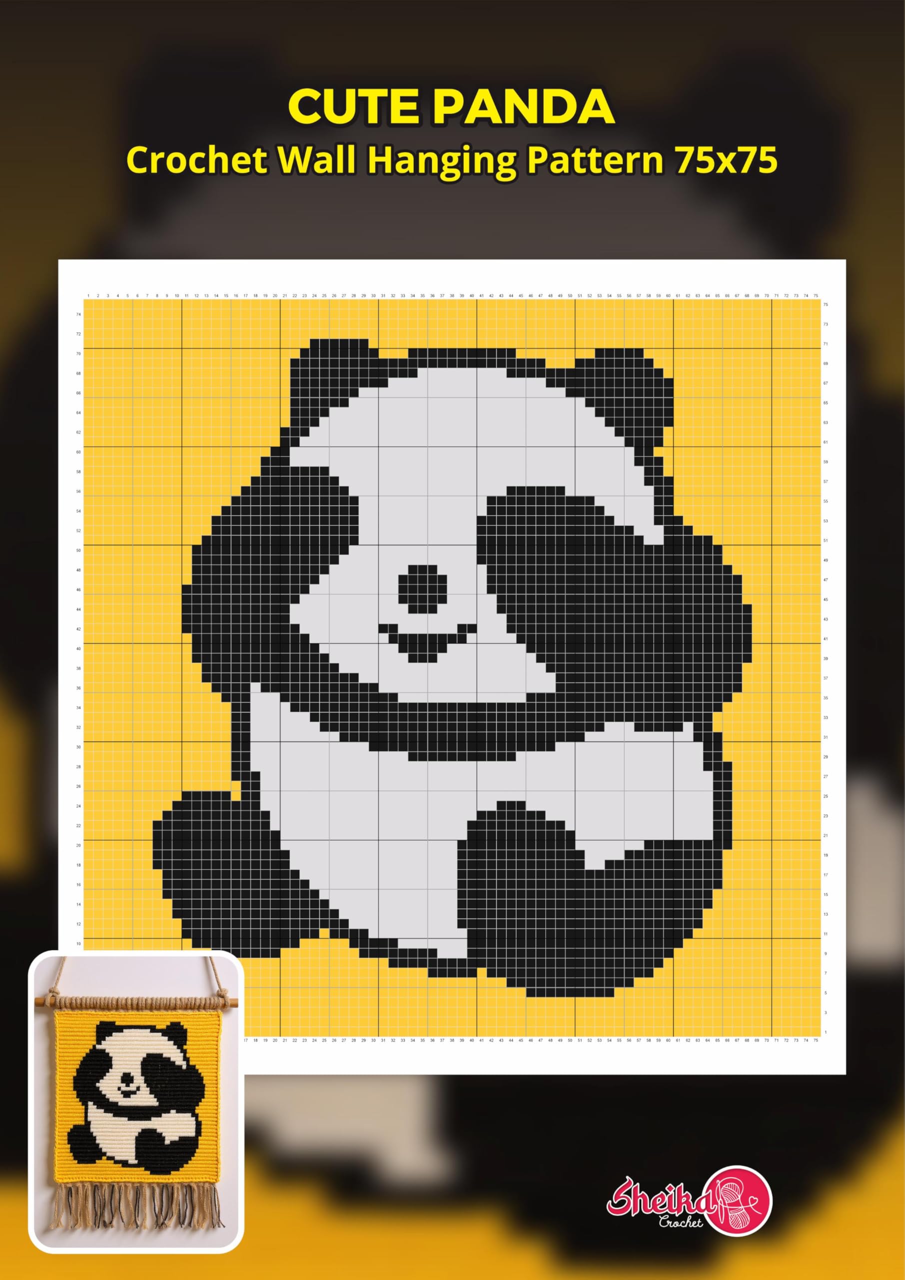Cute Panda Crochet Wall Hanging Pattern 75x75 Stitches: Adorable Panda Wall Decor Design for Intermediate Crocheters | Digital Tapestry Crochet Graph Pattern With Written Instructions in Us Terms