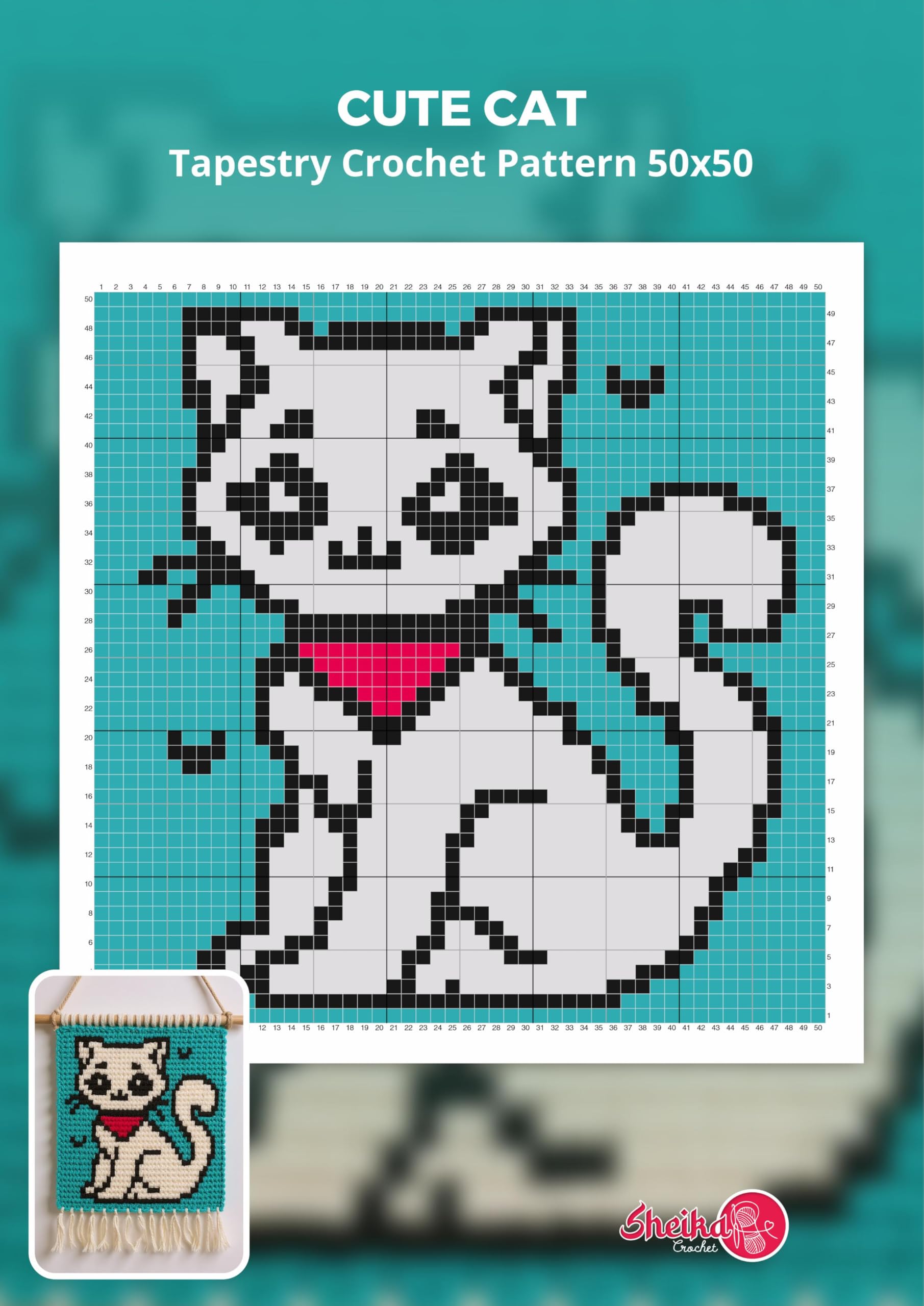 Cute Cat Tapestry Crochet Pattern 50x50 Stitches: Digital Crochet Graph Pattern With Written Instructions for Intermediate Crafters | English Us Terms | 50x50 Stitches Tapestry Design