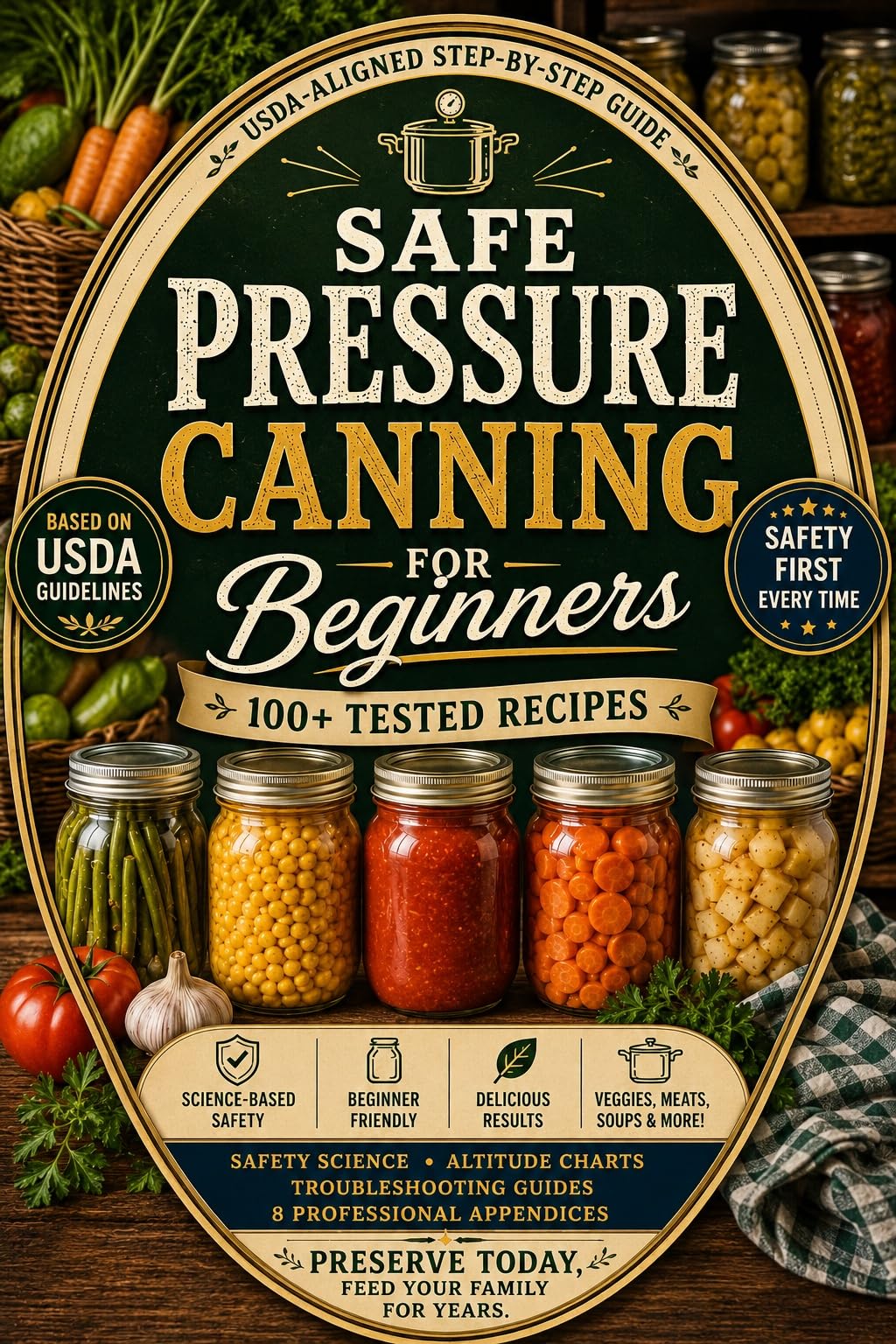 Safe Pressure Canning for Beginners: Usda-aligned Methods for Safe Home Food Preservation • 100+ Tested Recipes • Step-by-step Instructions • Altitude Charts • Troubleshooting Guide