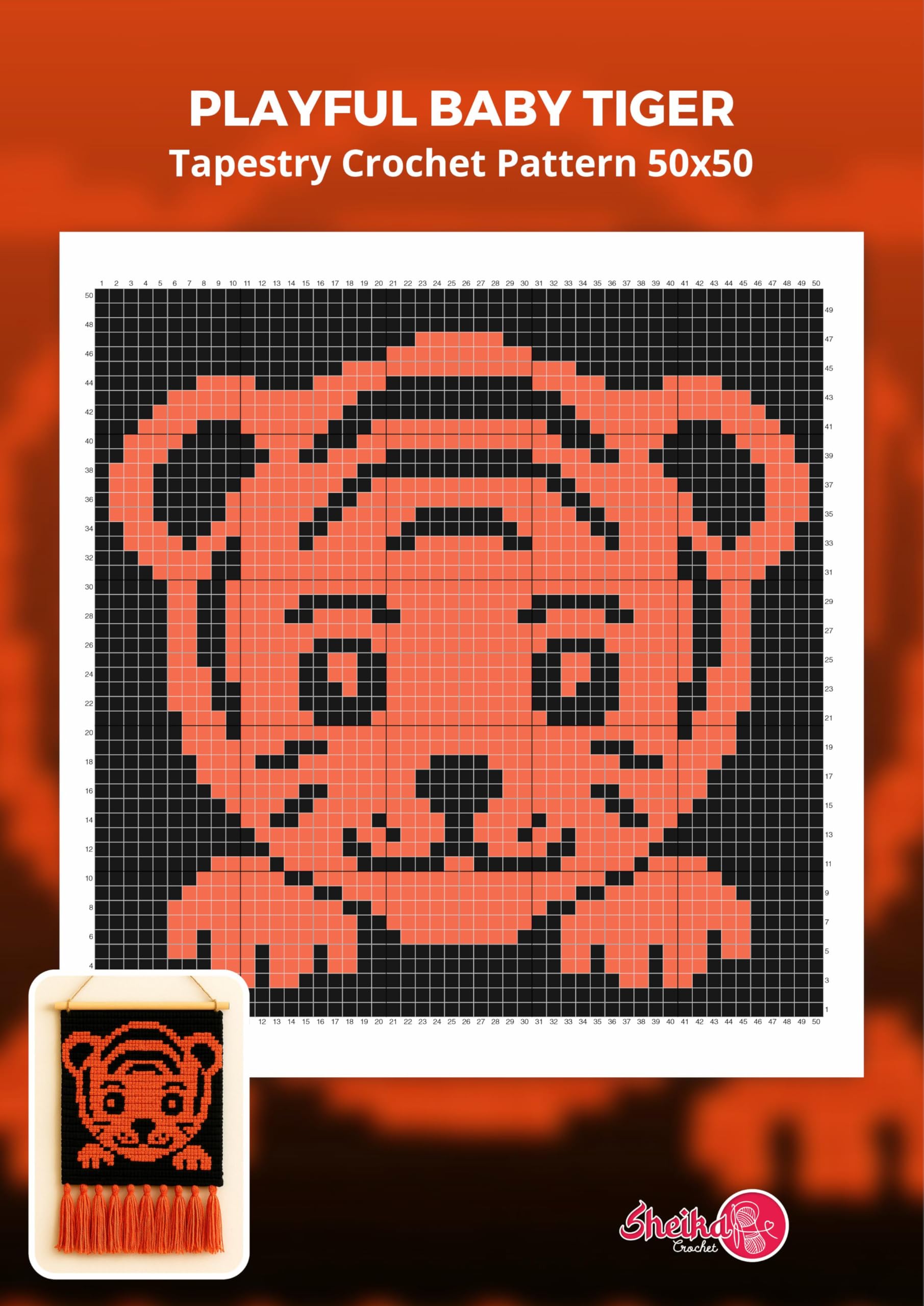 Playful Baby Tiger Tapestry Crochet Pattern 50x50 Stitches: Adorable Baby Tiger Crochet Design for Intermediate Makers | Digital Tapestry Crochet Graph Pattern With Written Instructions in Us Terms