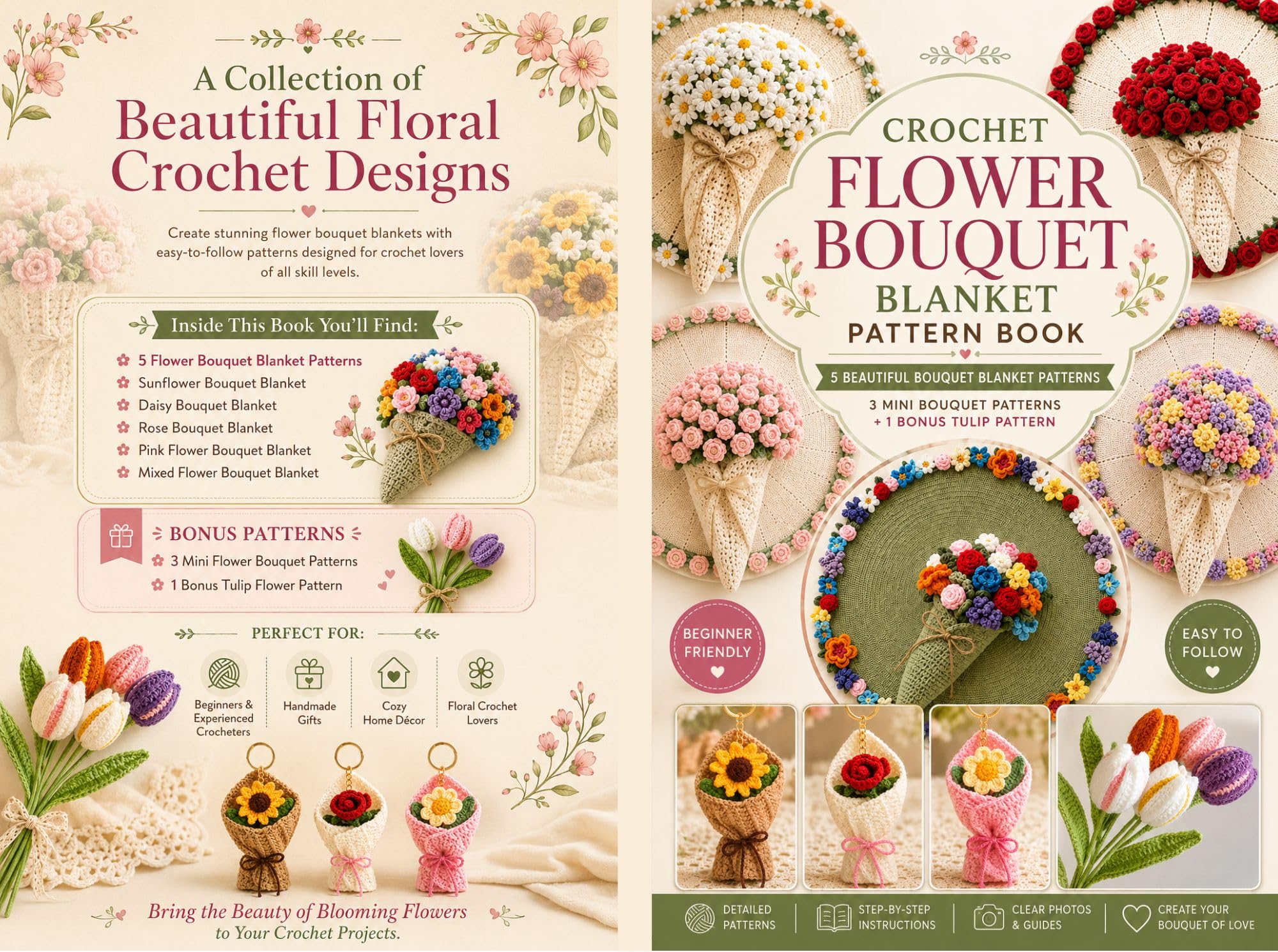 Crochet Flower Bouquet Blanket Patterns: 5 Floral Afghan Designs Featuring Sunflower, Daisy, Rose, Pink Flower & Tulip and 3 Mini Flower Bouquet Patterns